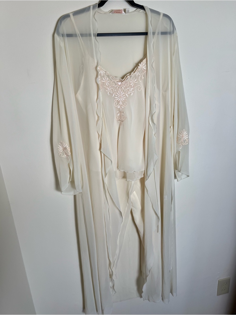 Vintage Sheer Lace-Trimmed Ivory Robe Top and Pants - 3 Piece Set